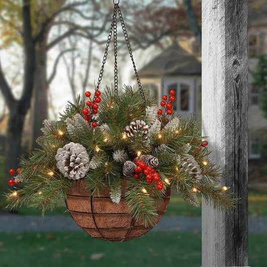 'Pre-lit Artificial Christmas Hanging Basket - Flocked with Mixed Decorations and White LED Lights - Frosted Berry