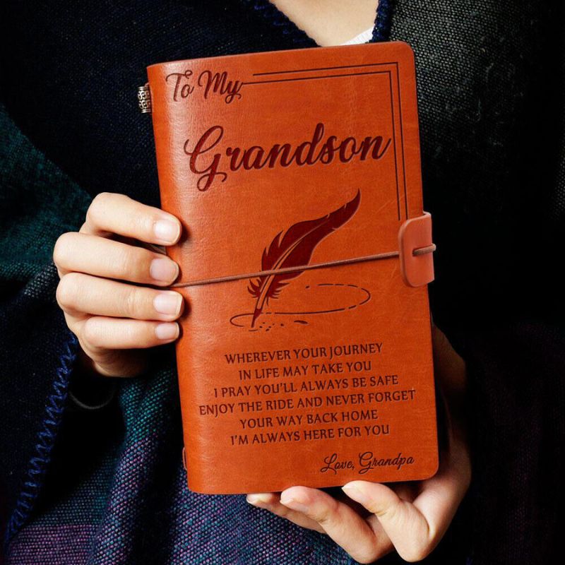 Grandpa To Grandson - Enjoy The Ride - Engraved Leather Journal Notebook