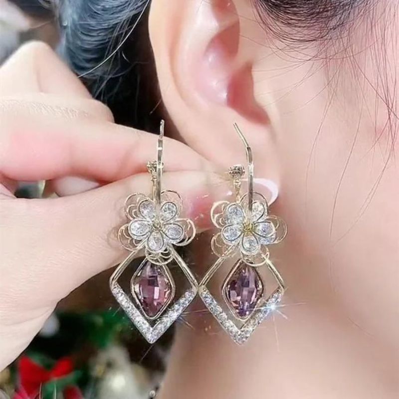 Flower Zircon Rhombic Sapphire Drop Earrings