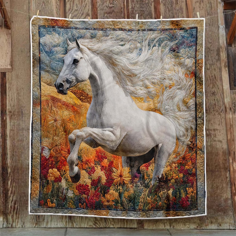 Blossom Fields White Horse Blanket - H253 - Premium Blanket