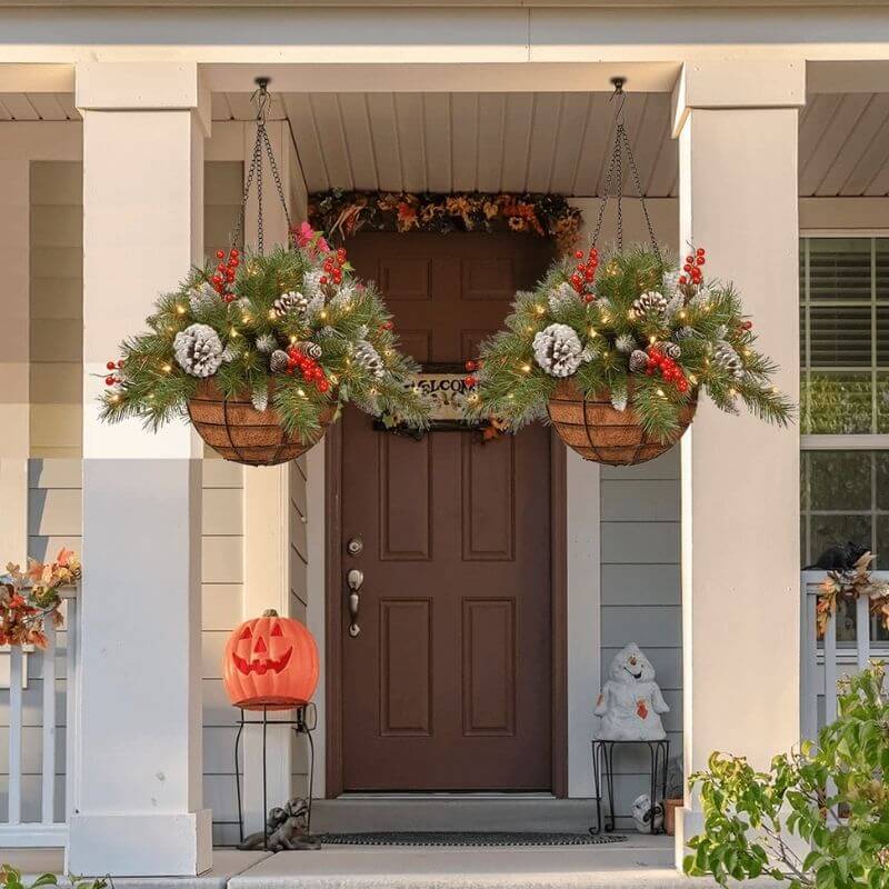 'Pre-lit Artificial Christmas Hanging Basket - Flocked with Mixed Decorations and White LED Lights - Frosted Berry