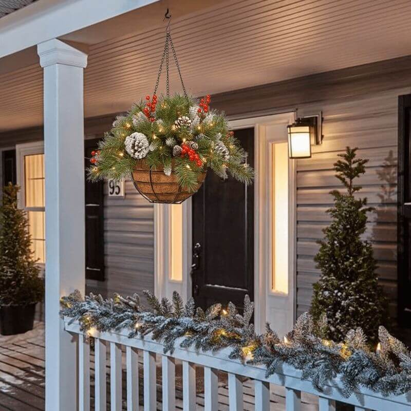 'Pre-lit Artificial Christmas Hanging Basket - Flocked with Mixed Decorations and White LED Lights - Frosted Berry