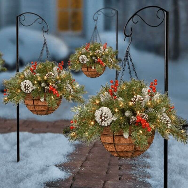 'Pre-lit Artificial Christmas Hanging Basket - Flocked with Mixed Decorations and White LED Lights - Frosted Berry