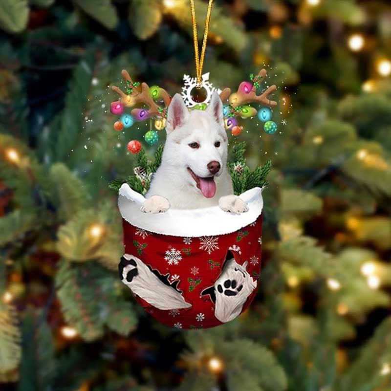 White Husky In Snow Pocket Christmas Ornament SP078