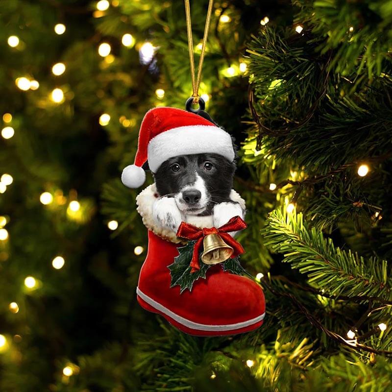 Border Collie In Santa Boot Christmas Hanging Ornament SB025